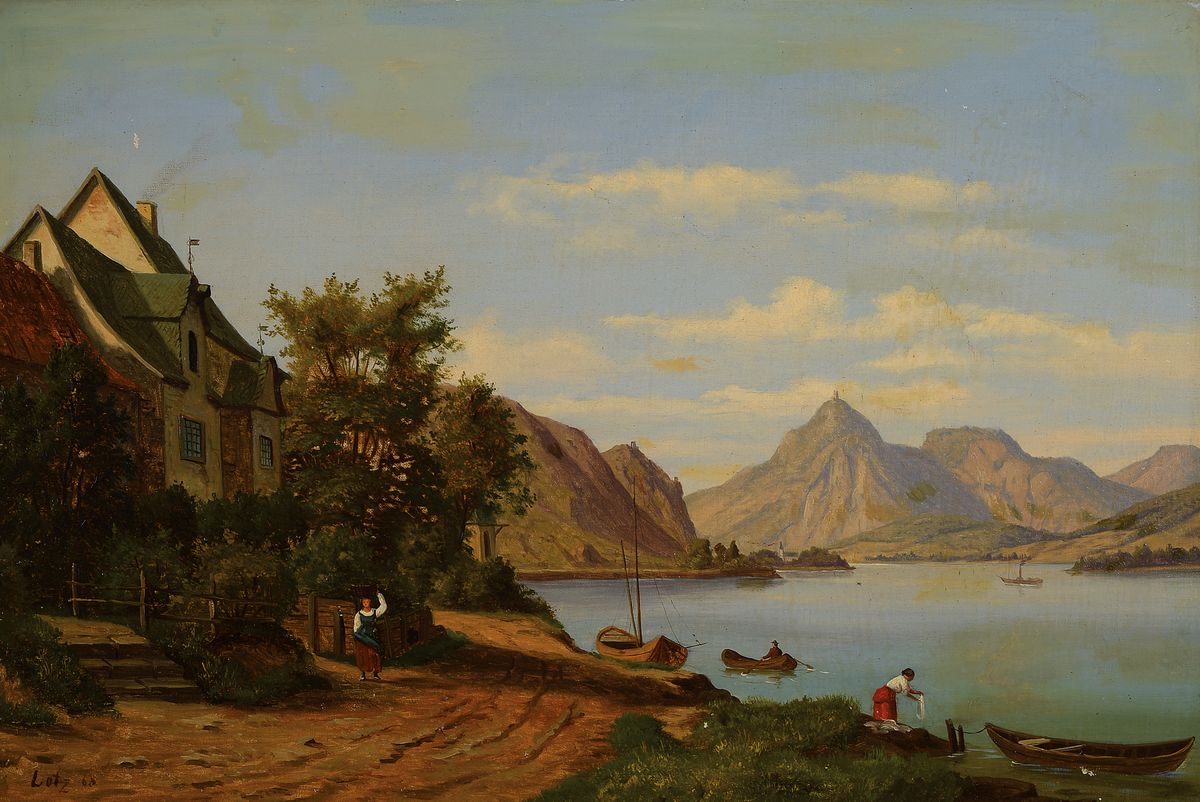 Edouard Hermann Lotz, 1818 Düsseldorf - 1890, Vorgebirgslandschaft, Öl/Lwd, li. unten sign., datiert (18)68, Rahmen, ca. 47x71/ 58x80 cm, rest., l. ...