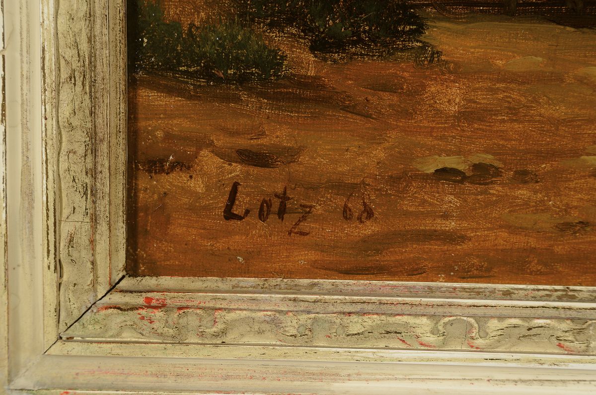 Detail a: Edouard Hermann Lotz, 1818 Düsseldorf - 1890, Vorgebirgslandschaft, Öl/Lwd, li. unten sign., datiert (18)68, Rahmen, ca. 47x71/ 58x80 cm, rest., l. ...