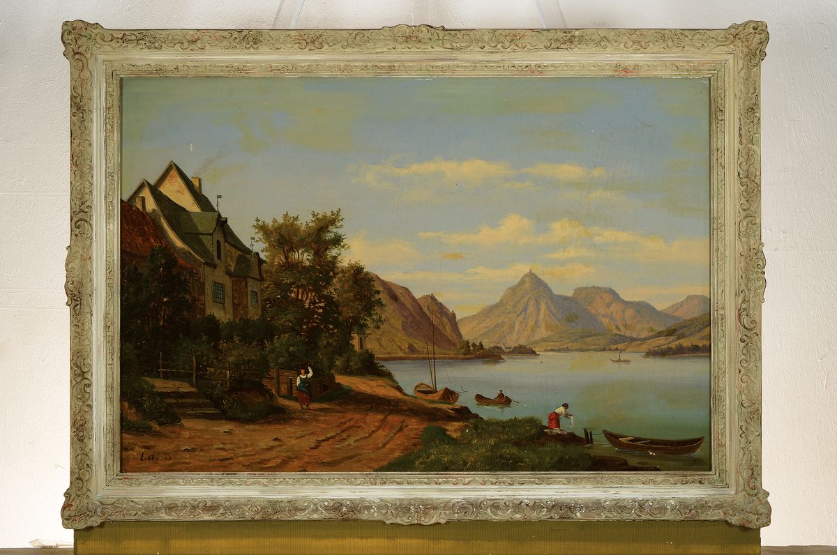 Detail k: Edouard Hermann Lotz, 1818 Düsseldorf - 1890, Vorgebirgslandschaft, Öl/Lwd, li. unten sign., datiert (18)68, Rahmen, ca. 47x71/ 58x80 cm, rest., l. ...
