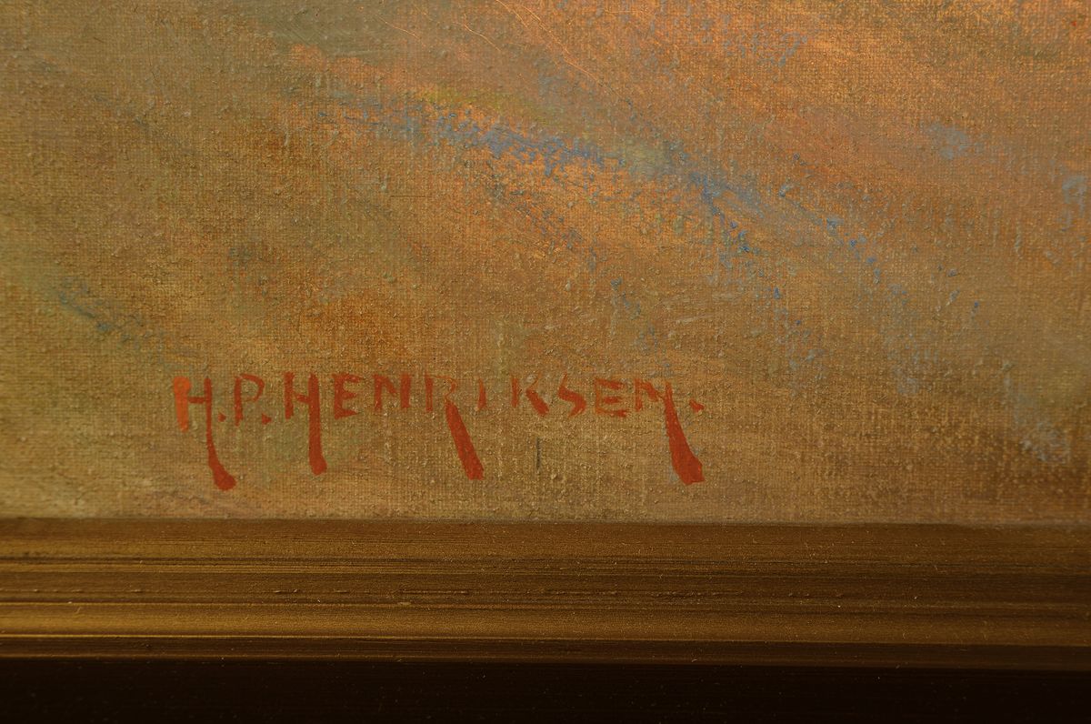 Detail a: H.P. Henriksen, erste Hälfte 20. Jh.,, Hafenansicht mit Segelbooten und Personen, Öl/Lwd, li. u. signiert, ca. 67 x 77 cm, Rahmen: 77 x 88 cm, ...