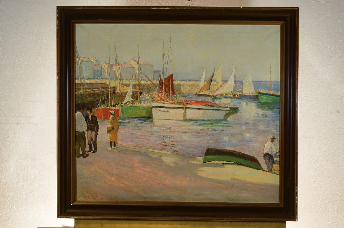 Detail k: H.P. Henriksen, erste Hälfte 20. Jh.,, Hafenansicht mit Segelbooten und Personen, Öl/Lwd, li. u. signiert, ca. 67 x 77 cm, Rahmen: 77 x 88 cm, ...
