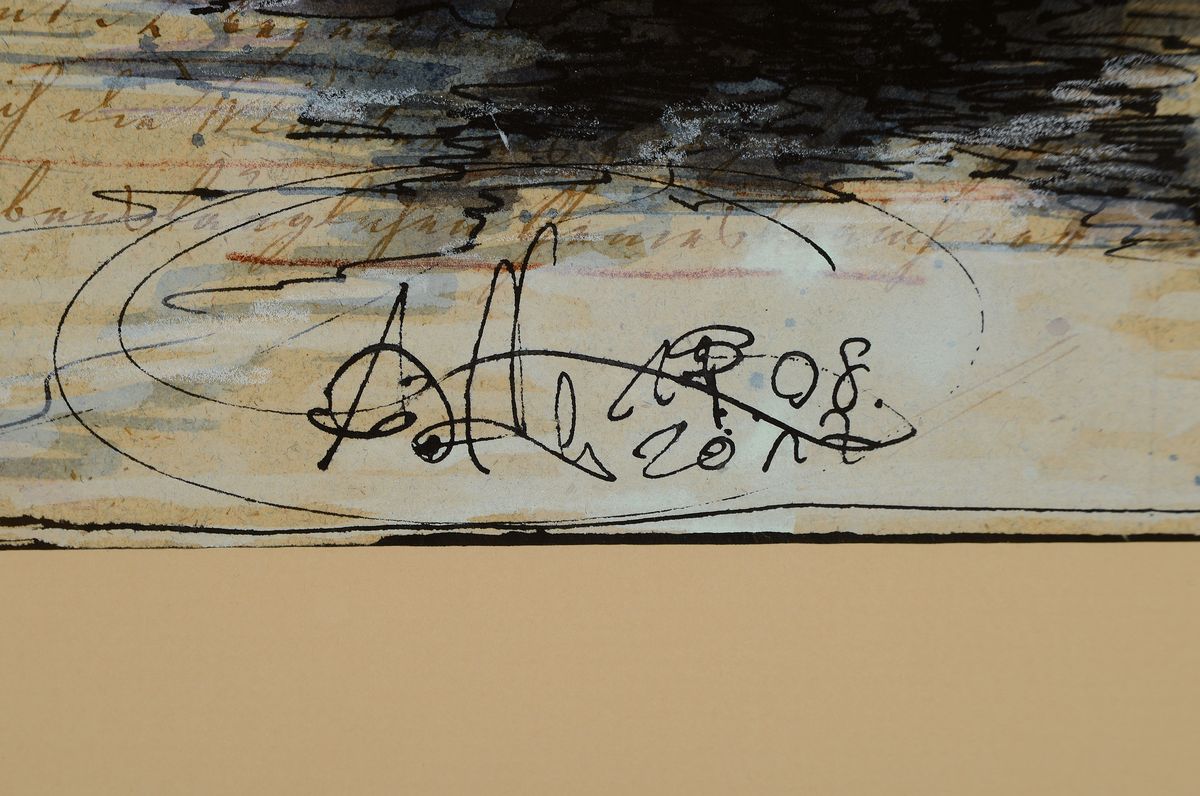 Detail a: Andreas Noßmann, geb. 1962, Federzeichnung und Aquarell auf Papier, "Wenn die Gondeln Trauer tragen III", handsigniert aus dem Jahre 2017, ...