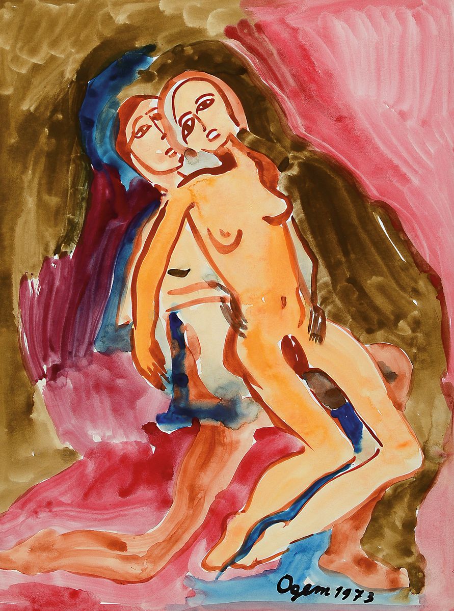 Gertrud Ogem, 1919 - 1985, expressionistisches Aquarell, handsigniert und datiert 1973, "Paar beim Liebesakt", Berliner Künstlerin, ca. 40 ...