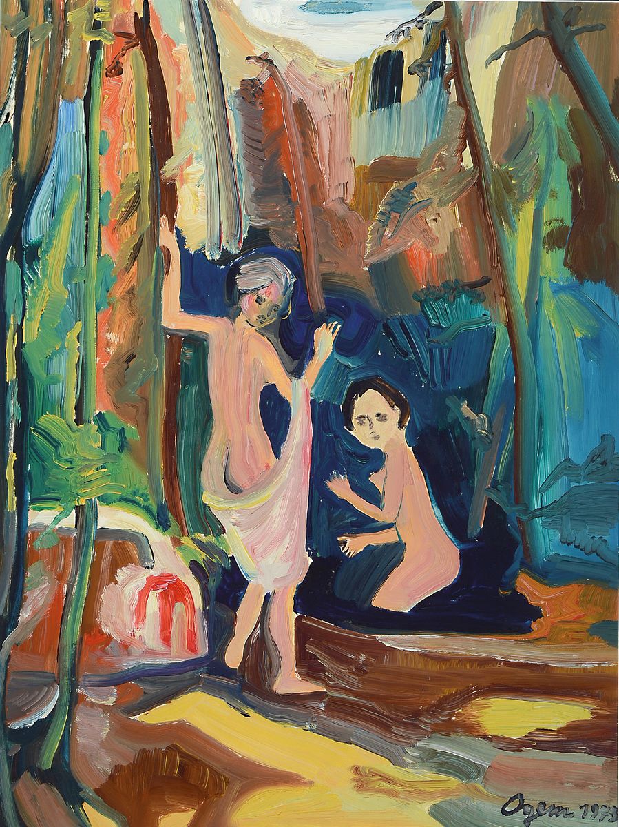 Gertrud Ogem, 1919 - 1985, expressionistisches Ölgemälde auf Papier, handsigniert und datiert 1973, "zwei nackte Frauen", Berliner ...