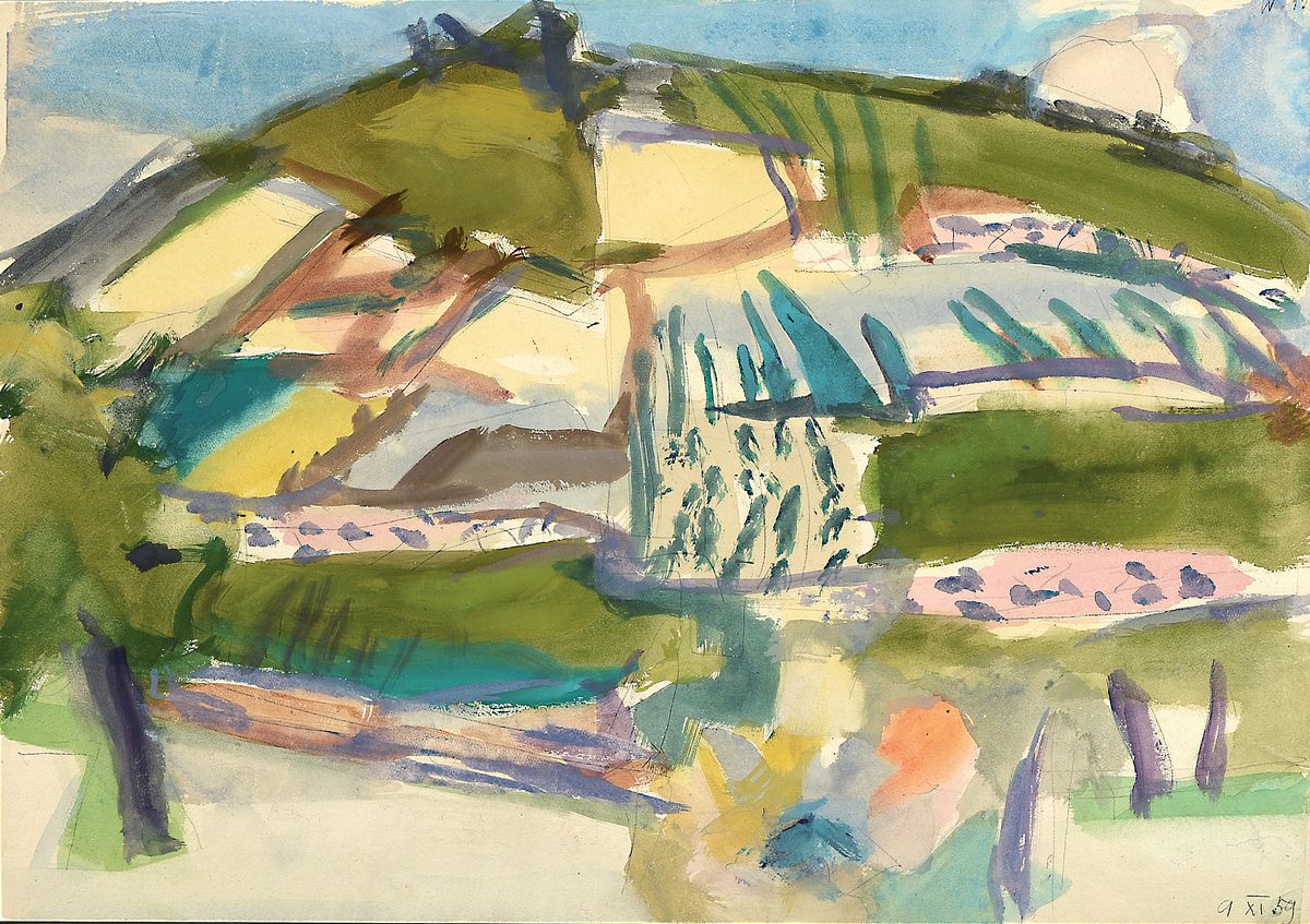 Erich Hartmann, 1886 - 1974, expressionistisches Aquarell auf Papier, datiert 1959,"Landschaft", rückseitig mit Nachlassstempel ...