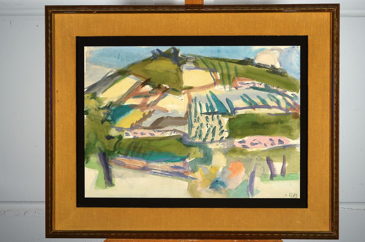 Detail k: Erich Hartmann, 1886 - 1974, expressionistisches Aquarell auf Papier, datiert 1959,"Landschaft", rückseitig mit Nachlassstempel ...