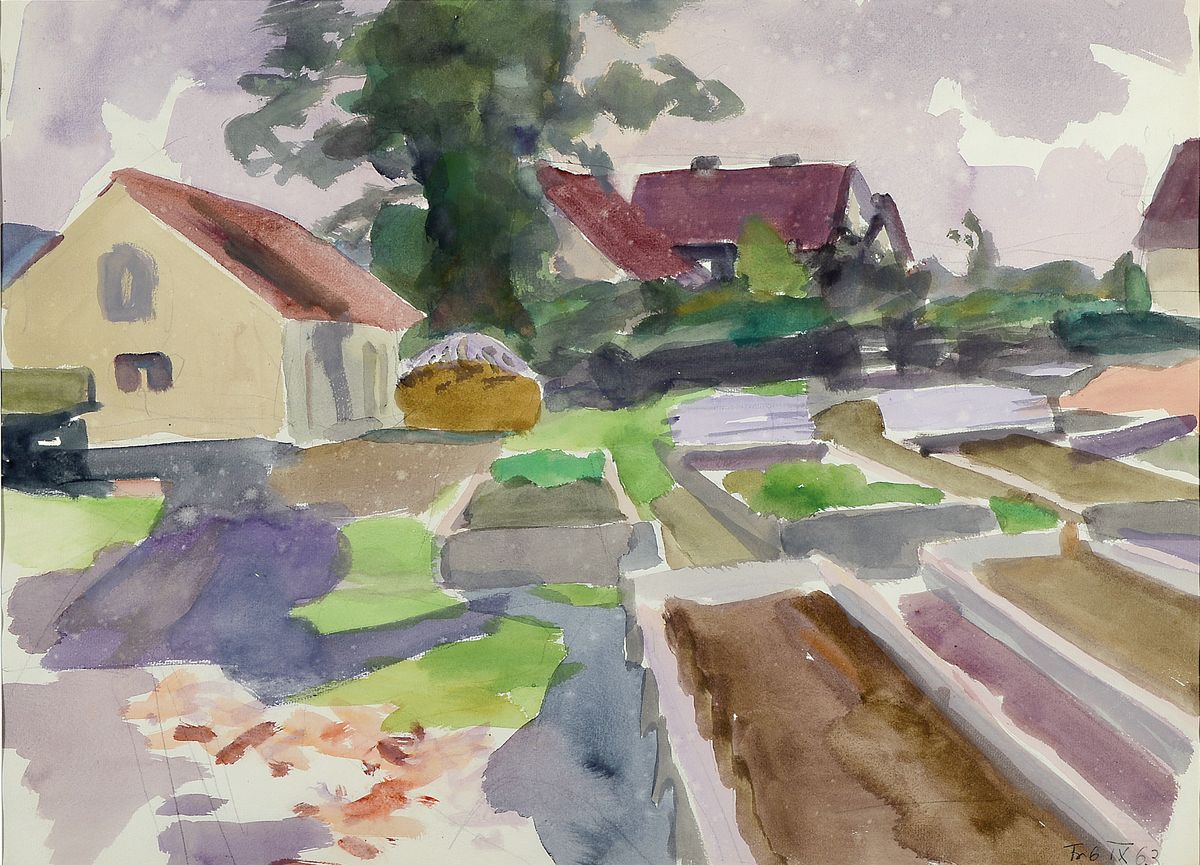 Erich Hartmann, 1886 - 1974, expressionistisches Aquarell auf Papier, datiert 1963, "Häuser mit Gärten", verso mit Nachlassstempel ...