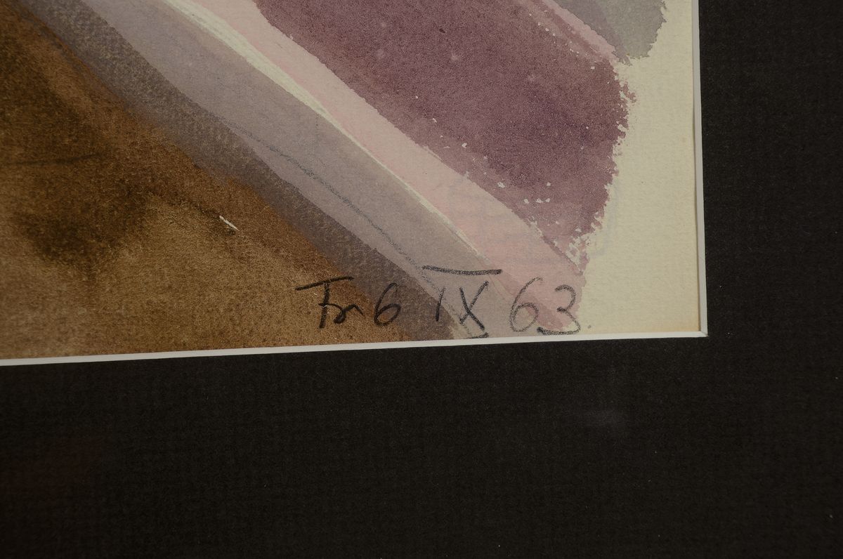 Detail a: Erich Hartmann, 1886 - 1974, expressionistisches Aquarell auf Papier, datiert 1963, "Häuser mit Gärten", verso mit Nachlassstempel ...