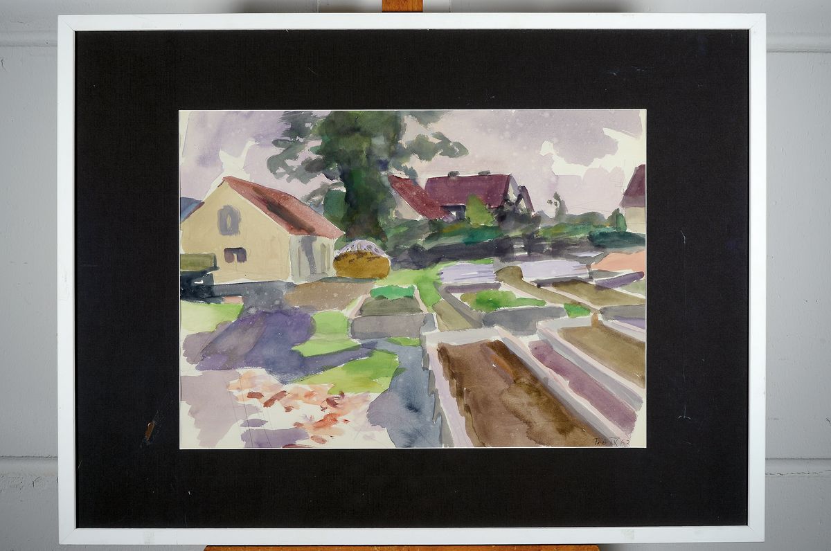 Detail k: Erich Hartmann, 1886 - 1974, expressionistisches Aquarell auf Papier, datiert 1963, "Häuser mit Gärten", verso mit Nachlassstempel ...