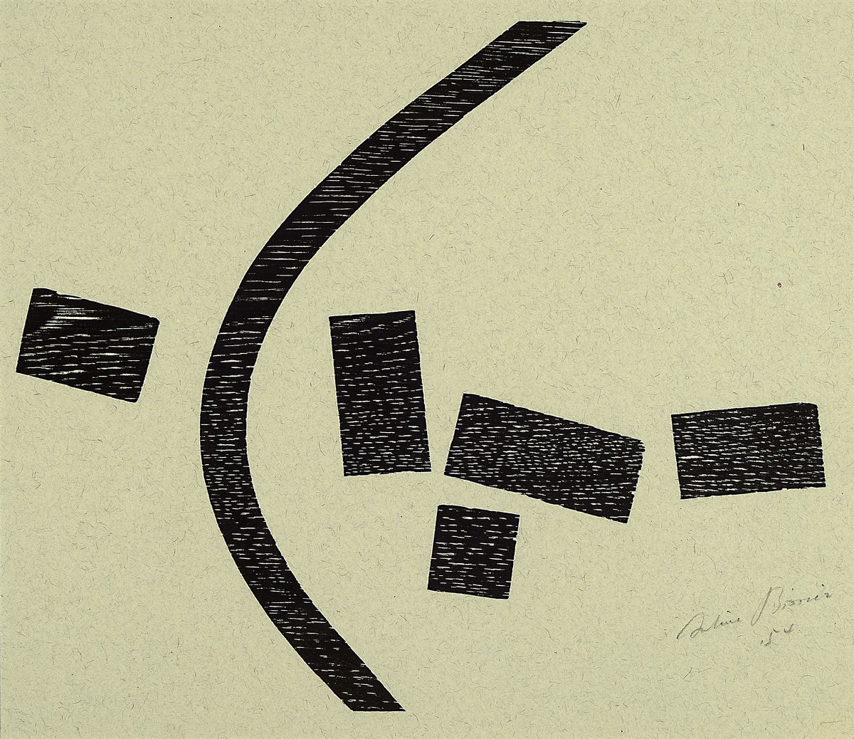 Jules Bissier, 1893 - 1965, Holzschnitt auf getöntem Papier, handsigniert,datiert 54, ca. 24.9 x 28.9 cm, unter Glas, Rahmen: ca. 31 x 41 cm