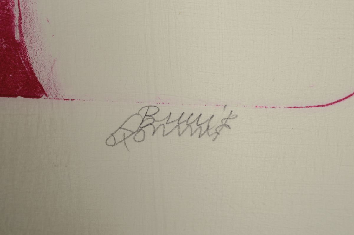 Detail a: Bruno Bruni, geb. 1935, 2 Graphiken,a. Farbserigrafie, num. 86/99, handsigniert, 75 x 61.5 cm, von 1969, und b. Farblitho auf dickem Büttenpapier, ...