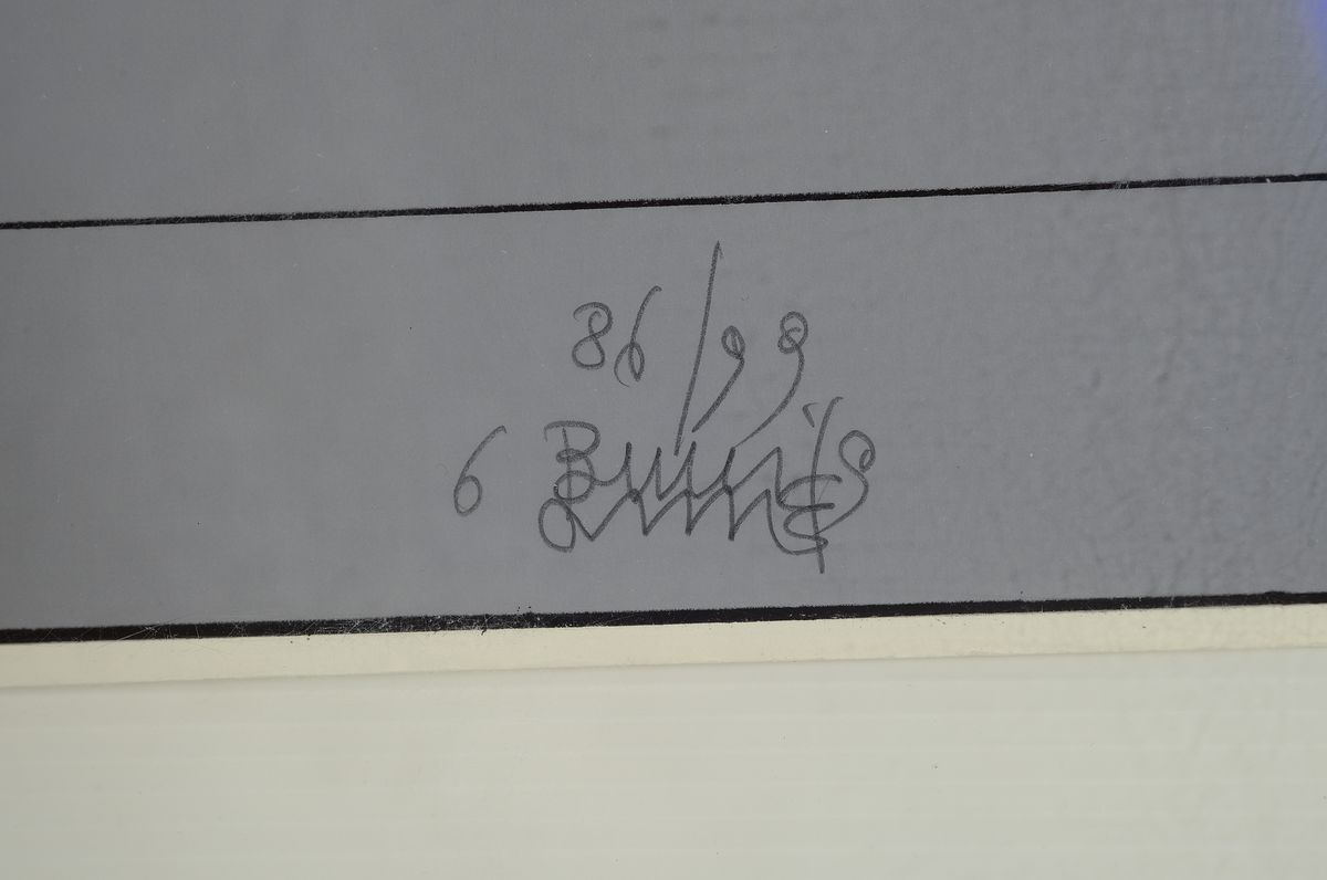 Detail c: Bruno Bruni, geb. 1935, 2 Graphiken,a. Farbserigrafie, num. 86/99, handsigniert, 75 x 61.5 cm, von 1969, und b. Farblitho auf dickem Büttenpapier, ...