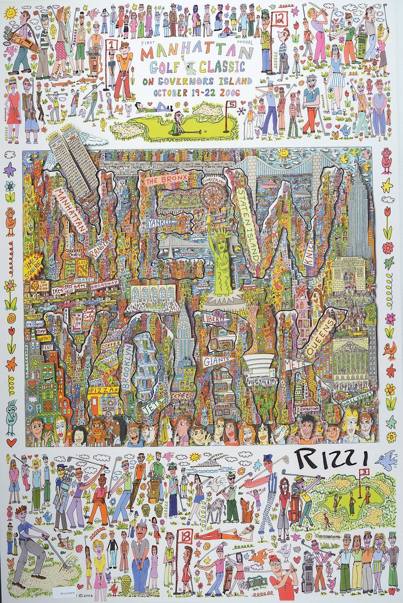 James Rizzi 1950 - 2011, Manhatten Golf Classic 2006, Offset auf Hochglanzpapier, die Offsets wurden vom Golf-Club an die Turnierteilnehmer verteilt, ...