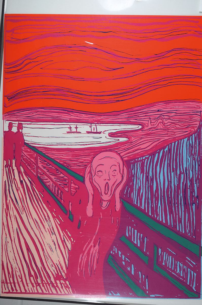 Detail k: nach Andy Warhol, Siebdruck auf festem Karton, "Der Schrei" ("The Scream"), rückseitig num. 59/1500, Blattgröße 89 x 63.4 cm, ...