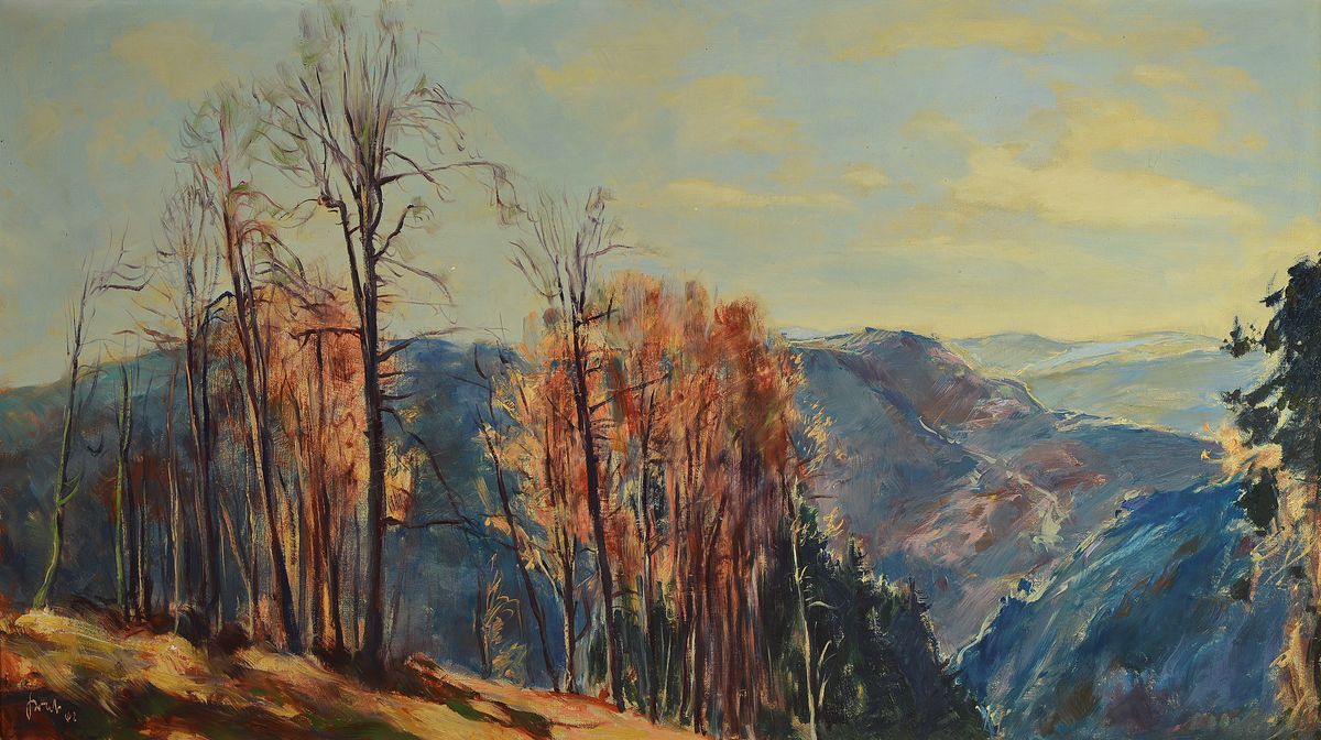 Karl Graf, 1902-1986 Speyer, 2 Bilder Landschaft in der Pfalz, Öl/Lwd, links unten signiert und dat. 42, ca. 65x115cm, R. ca. 75x125cm, Spanische ...