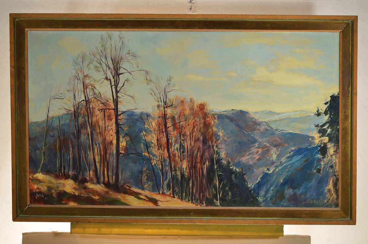 Detail k: Karl Graf, 1902-1986 Speyer, 2 Bilder Landschaft in der Pfalz, Öl/Lwd, links unten signiert und dat. 42, ca. 65x115cm, R. ca. 75x125cm, Spanische ...