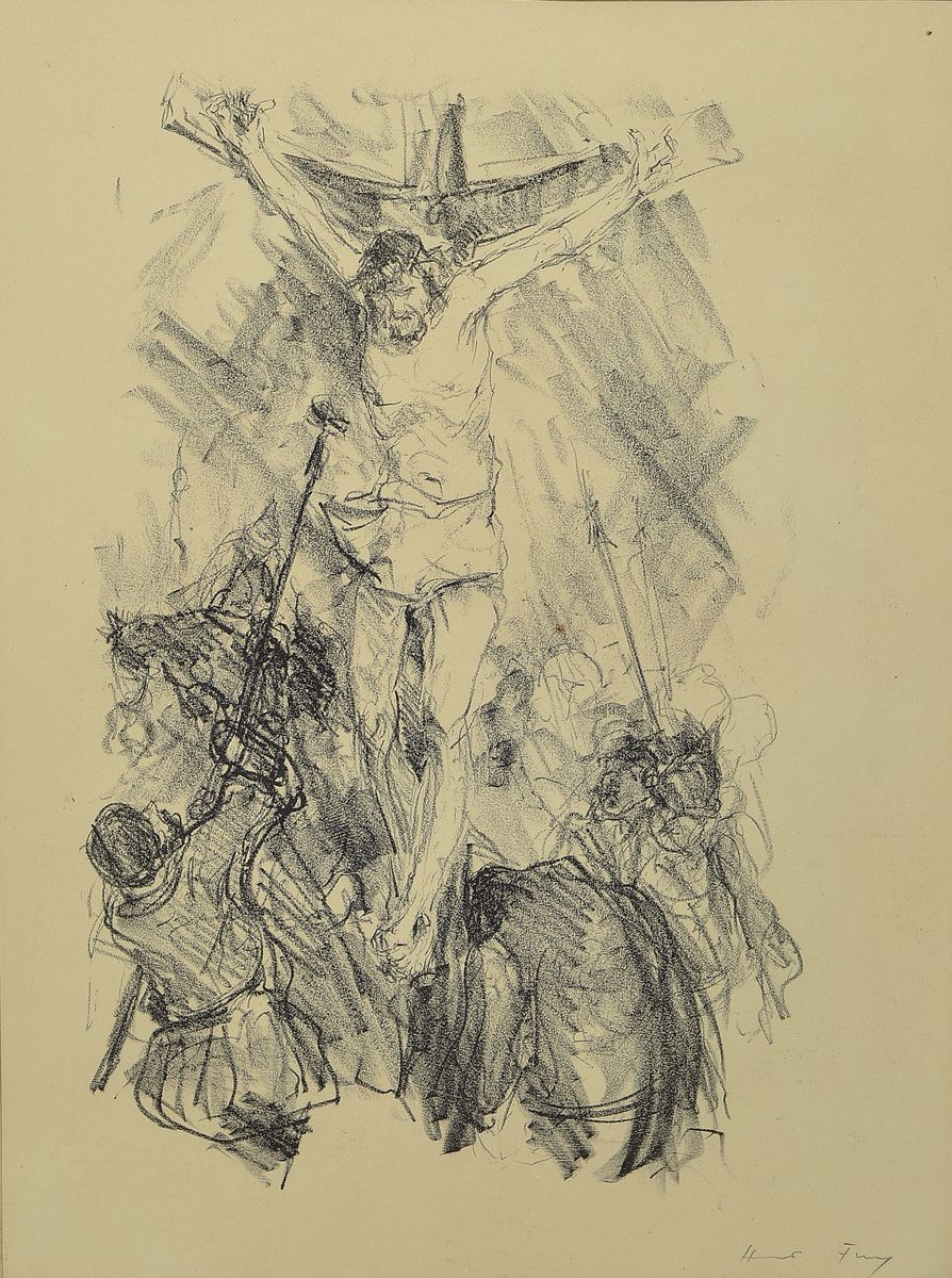 Hanns Fay, 1888 Frankenthal-1957 Neustadt, 2 Arbeiten: Christus am Kreuz, Lithographie, handsigniert, ca. 40x27cm, PP, u.Gl., R. ca. 66x51cm; Bunte ...