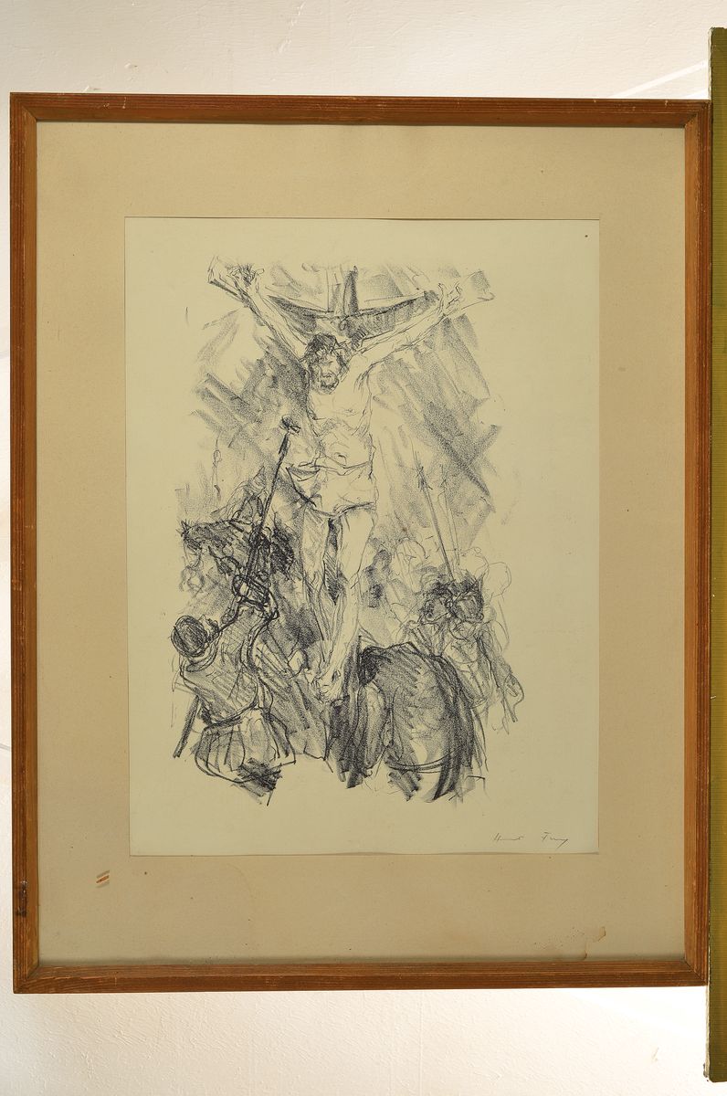 Detail k: Hanns Fay, 1888 Frankenthal-1957 Neustadt, 2 Arbeiten: Christus am Kreuz, Lithographie, handsigniert, ca. 40x27cm, PP, u.Gl., R. ca. 66x51cm; Bunte ...