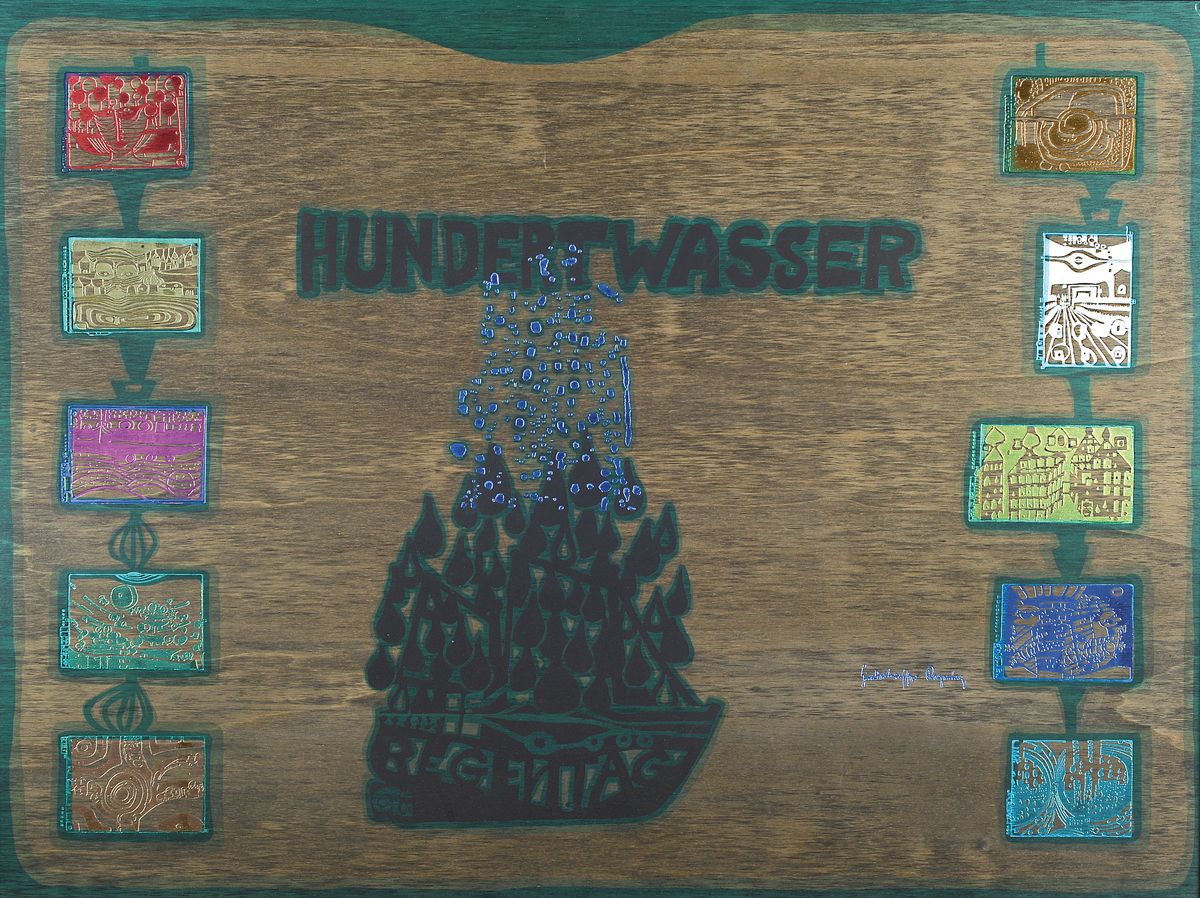 Friedensreich Hundertwasser, 1928 - 2000, Holzkoffer mit aufgedrucktem Siebdruck, handsigniert innen, "Regentag", ca. 55x73 cm l. ...