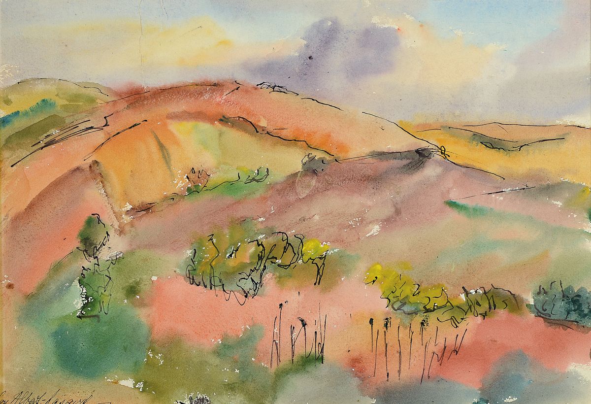 Loulou Albert-Lasard, 1885 Metz - 1969 Paris, hügelige Landschaft, Collines Italie 1957, No. 497, Aquarell/Papier, rückseitig auf Klebeetikett ...