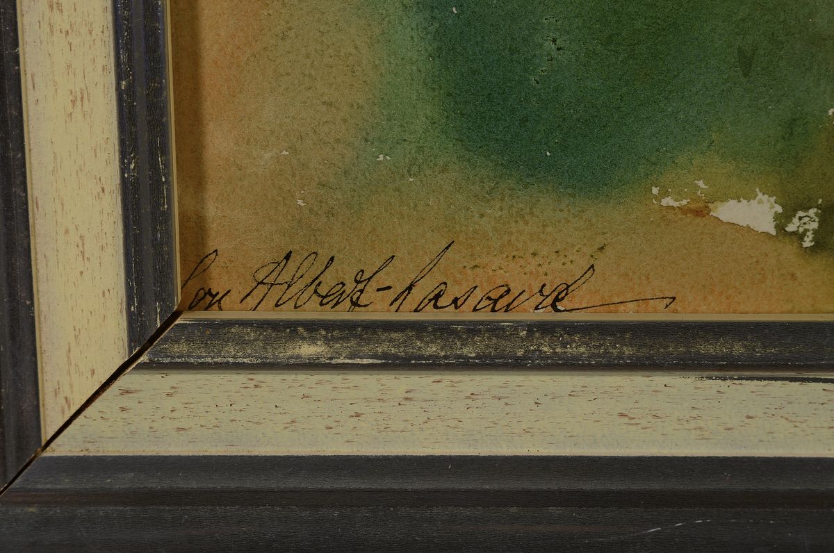 Detail a: Loulou Albert-Lasard, 1885 Metz - 1969 Paris, hügelige Landschaft, Collines Italie 1957, No. 497, Aquarell/Papier, rückseitig auf Klebeetikett ...