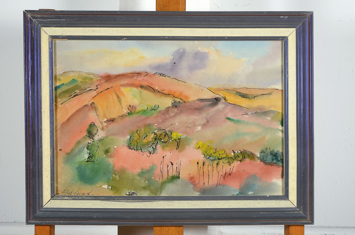 Detail k: Loulou Albert-Lasard, 1885 Metz - 1969 Paris, hügelige Landschaft, Collines Italie 1957, No. 497, Aquarell/Papier, rückseitig auf Klebeetikett ...