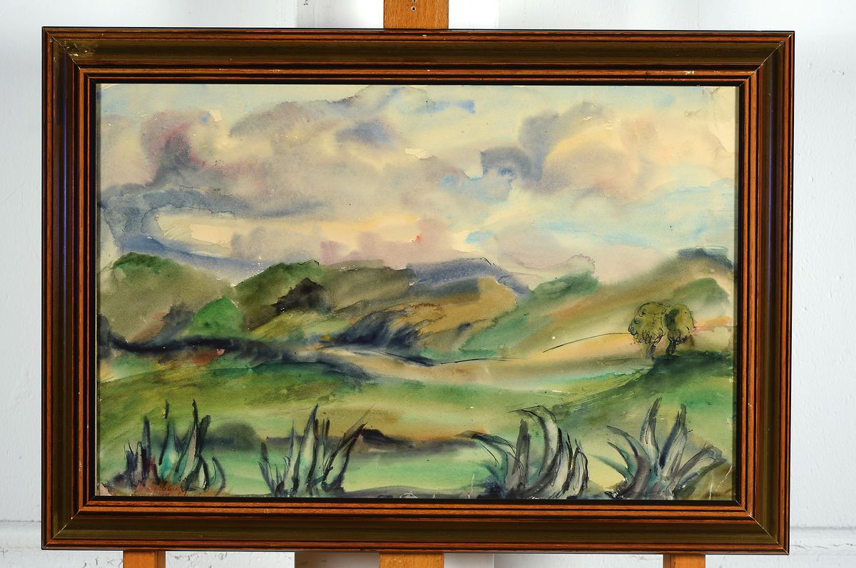 Detail k: Loulou Albert-Lasard, 1885 Metz - 1969 Paris, hügelige Landschaft, mit Atelierstempel li. u., Aquarell auf Papier, komplett 41 x 58.5 cm, Rahmen