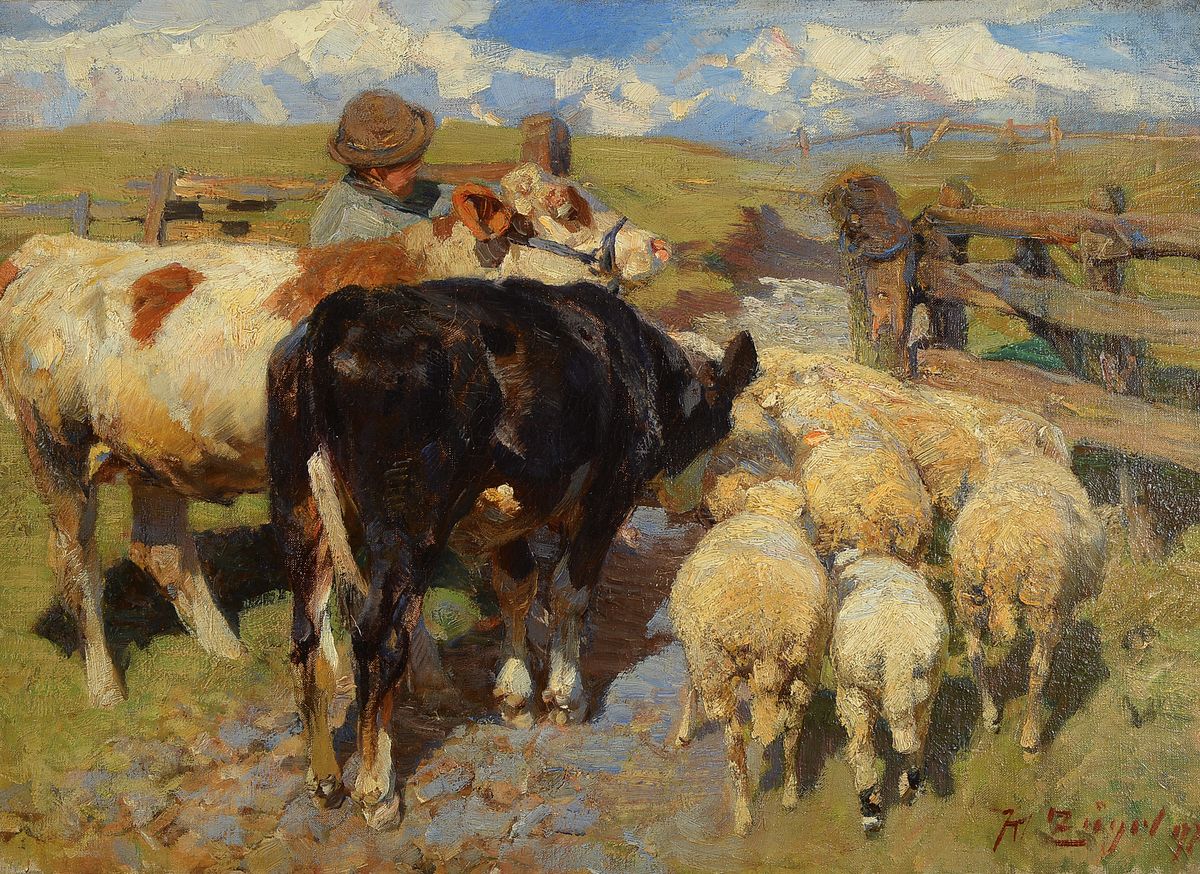 Heinrich von Zügel, 1850 Murrhardt - 1941 München, Hütejunge mit Weidetieren am Gatter, typ. Gemälde für die Zeit zwischen 1895 - 98Führung des ...