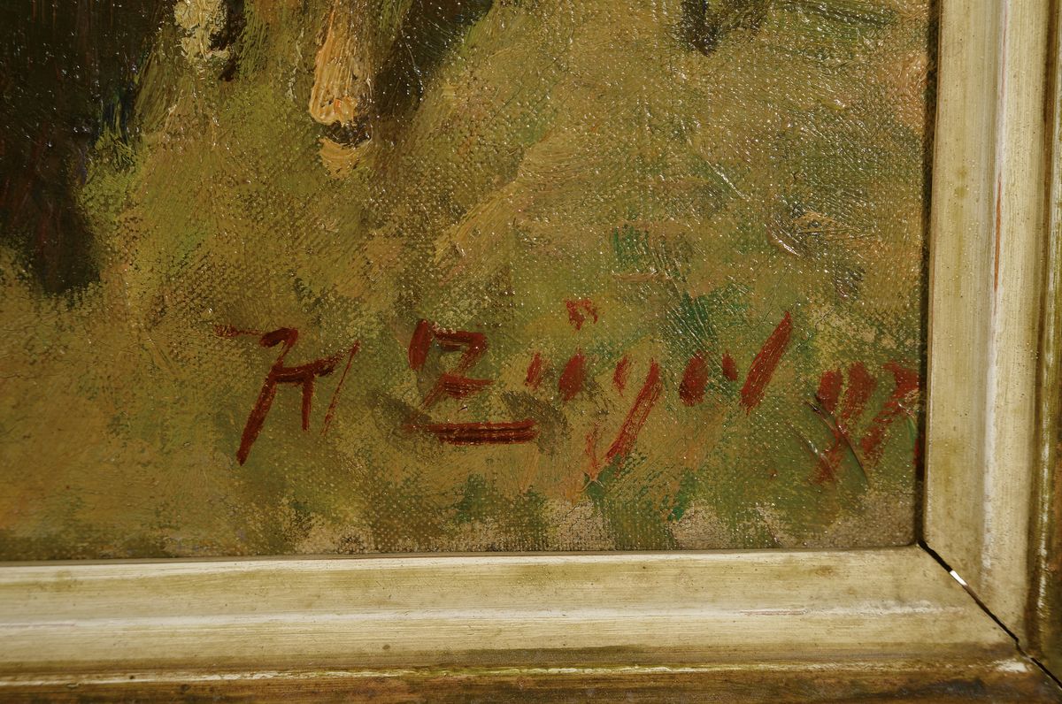 Detail a: Heinrich von Zügel, 1850 Murrhardt - 1941 München, Hütejunge mit Weidetieren am Gatter, typ. Gemälde für die Zeit zwischen 1895 - 98Führung des ...