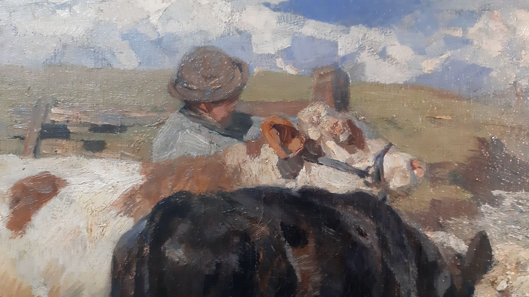 Detail e: Heinrich von Zügel, 1850 Murrhardt - 1941 München, Hütejunge mit Weidetieren am Gatter, typ. Gemälde für die Zeit zwischen 1895 - 98Führung des ...