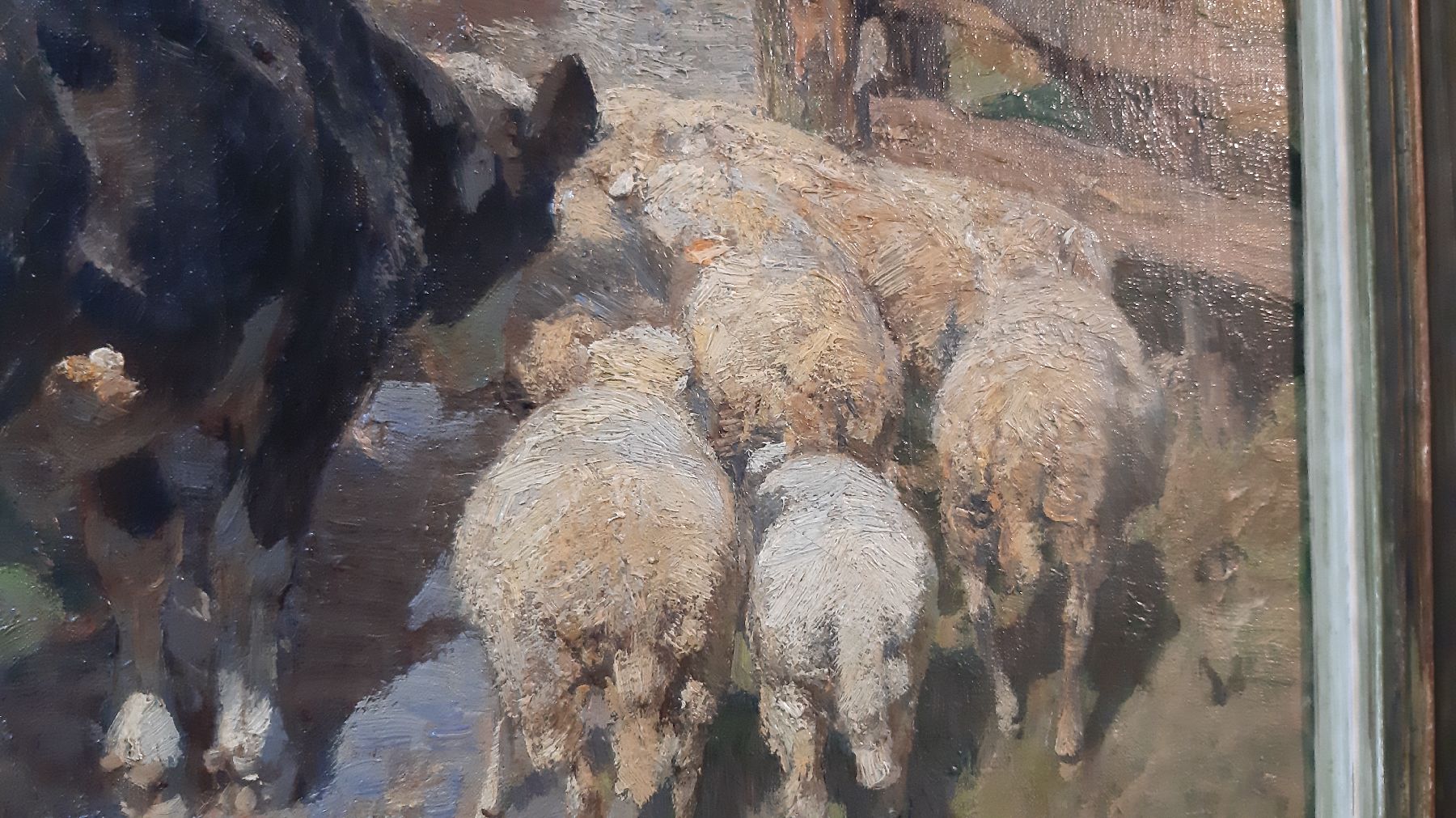 Detail f: Heinrich von Zügel, 1850 Murrhardt - 1941 München, Hütejunge mit Weidetieren am Gatter, typ. Gemälde für die Zeit zwischen 1895 - 98Führung des ...