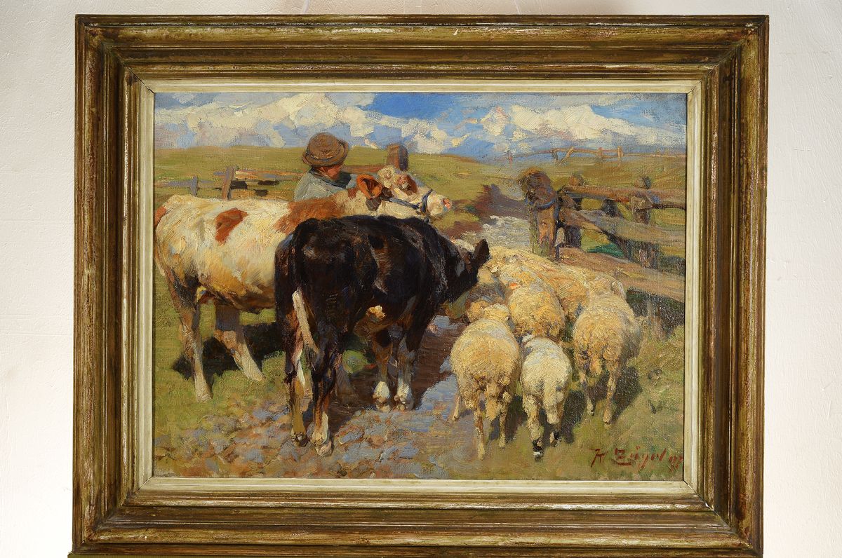 Detail k: Heinrich von Zügel, 1850 Murrhardt - 1941 München, Hütejunge mit Weidetieren am Gatter, typ. Gemälde für die Zeit zwischen 1895 - 98Führung des ...