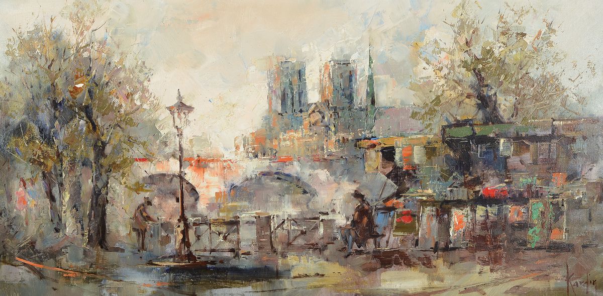 Alexander Kardin, 1917-1976, Pariser Seine- Ufer mit Blick auf Notre Dame, pastoser Farbauftrag, re. unten signiert, Rahmen ca. 50x102 / 116x66 cm
