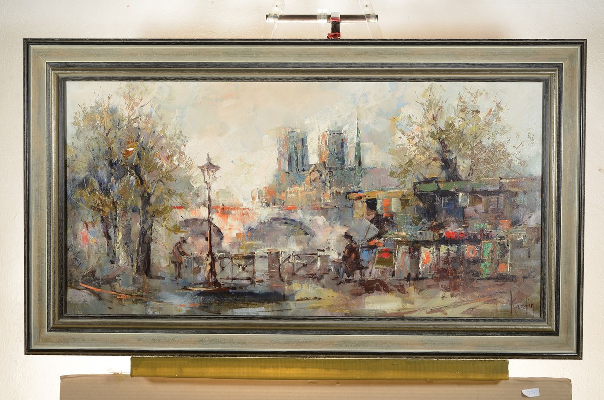 Detail k: Alexander Kardin, 1917-1976, Pariser Seine- Ufer mit Blick auf Notre Dame, pastoser Farbauftrag, re. unten signiert, Rahmen ca. 50x102 / 116x66 cm
