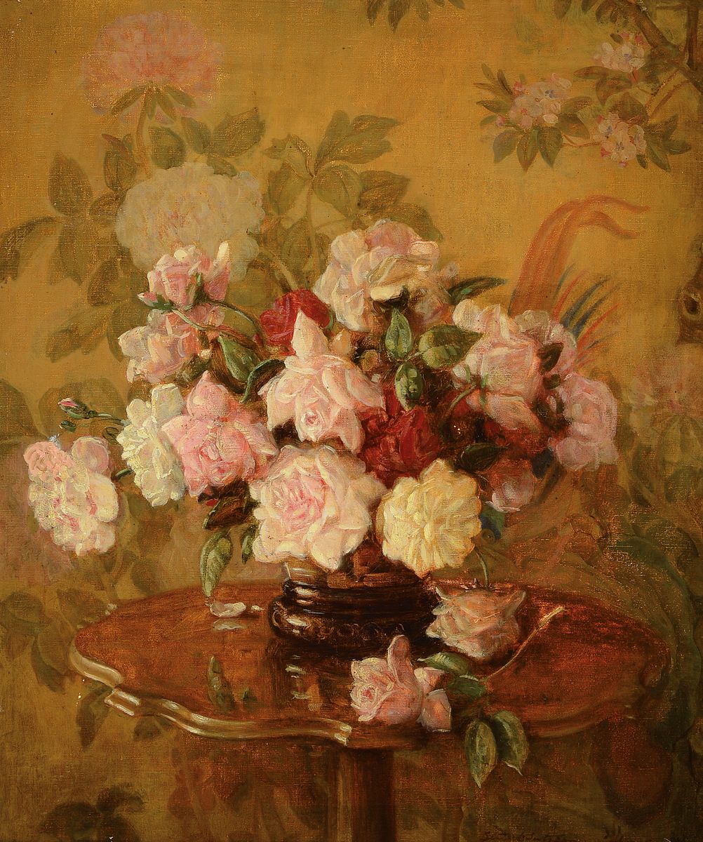 Schützcrantz/Schmitz-Schulten, Blumenstillleben mit rot/rosa/weißen Rosen, re. unten signiert u. datiert (19)25, Rahmen, ca. 61x52 / 72x62 cm