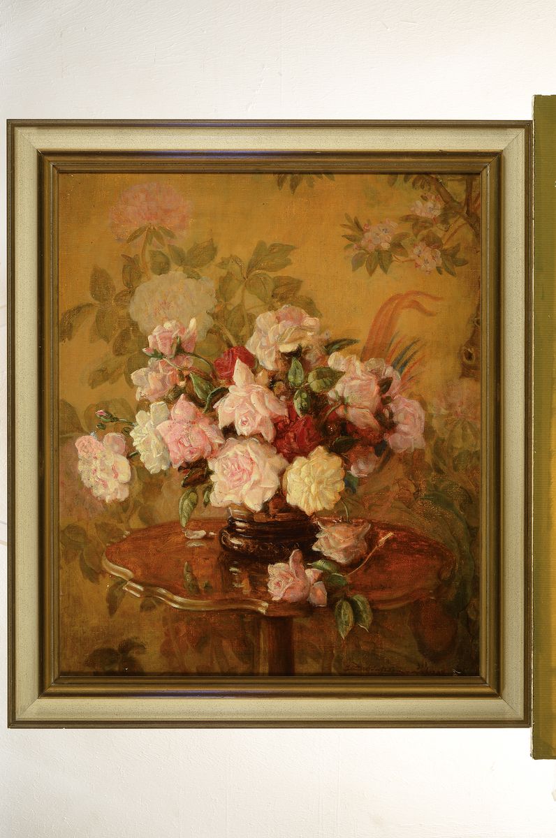 Detail k: Schützcrantz/Schmitz-Schulten, Blumenstillleben mit rot/rosa/weißen Rosen, re. unten signiert u. datiert (19)25, Rahmen, ca. 61x52 / 72x62 cm
