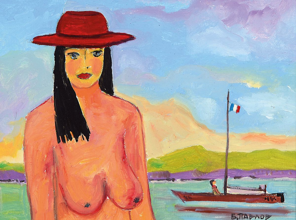 Boris Pavlov, 1928-2005, "Strand in der Bucht bei La Syne Sur Mer an der Cote d´Azur, Öl/Karton, sign., verso Nachlass- Nummer 36-2600, R. ca. ...