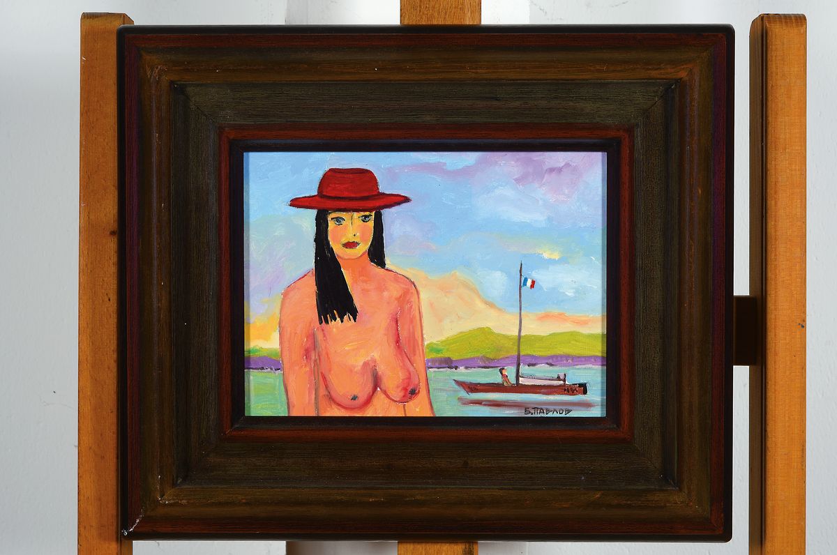 Detail k: Boris Pavlov, 1928-2005, "Strand in der Bucht bei La Syne Sur Mer an der Cote d´Azur, Öl/Karton, sign., verso Nachlass- Nummer 36-2600, R. ca. ...