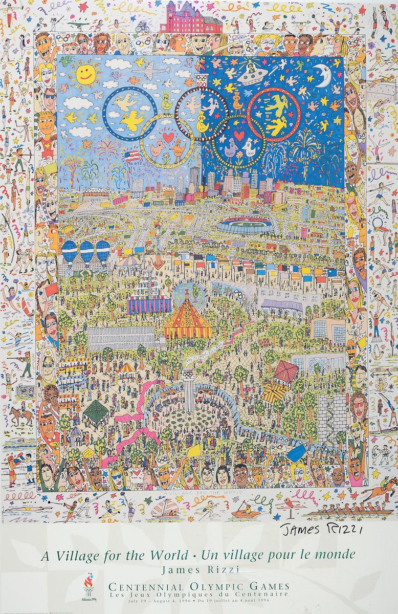 James Rizzi, 1950 - 2011, Lithografie " A Village for the World", Centennial Olympic Games, handsigniert, ca. 86 x 55.5 cm