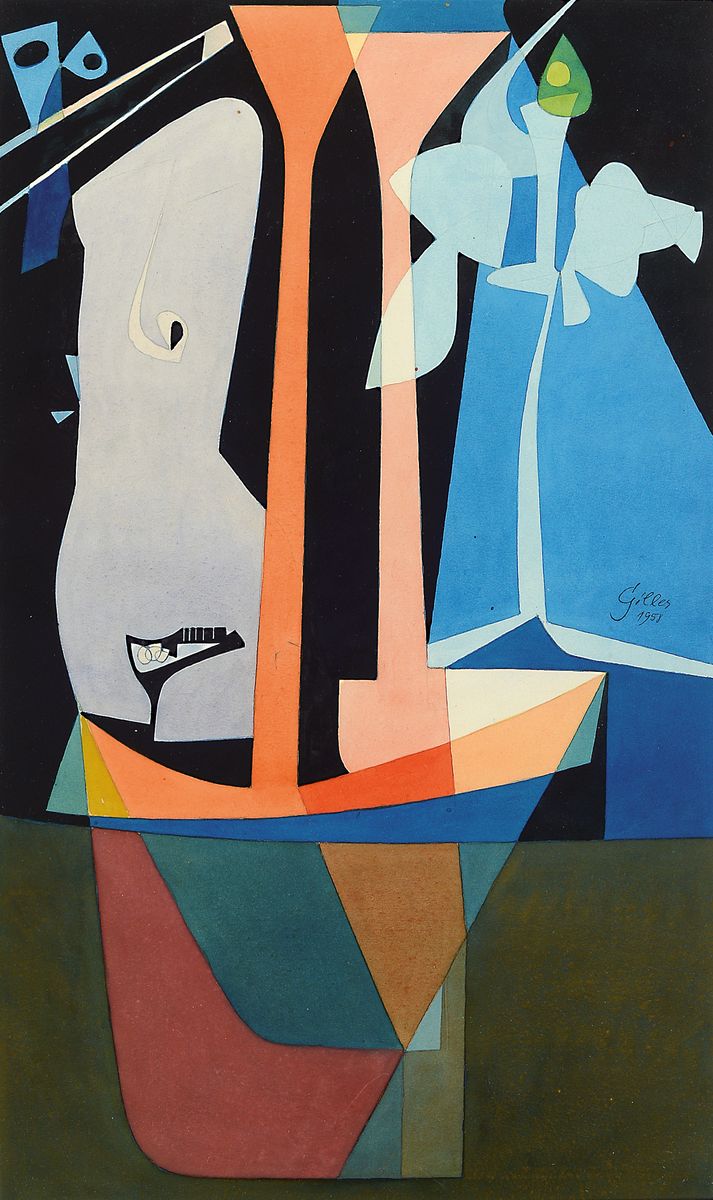 Werner Gilles, 1894 Rheydt - 1961 Essen, Aquarell/Papier, abstr. Komposition mit Frauentorso, Akt und Kleidung, Mitte signiert und dat. 1958, ca. 37 ...