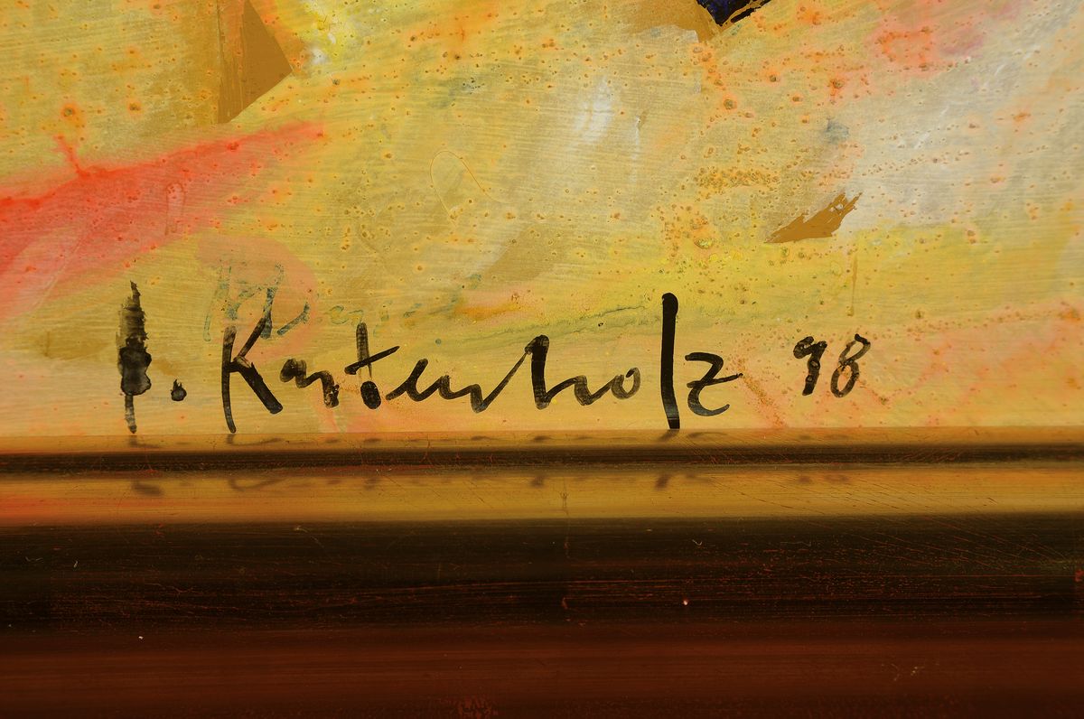 Detail a: Bernd Kastenholz, geb. 1943 Speyer, tätig in Gleisweiler, Studium an der Akademie Stuttgart, hier: Menschenbund, Mischtechnik auf Platte, rechts ...