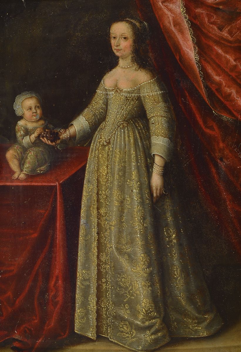 Niederländischer Meister, um 1640, Darstellung einer hochadeligen, jungen Dame mit Stammhalter, Öl/Kupfer, sehr feine miniaturhafte Malerei, ...