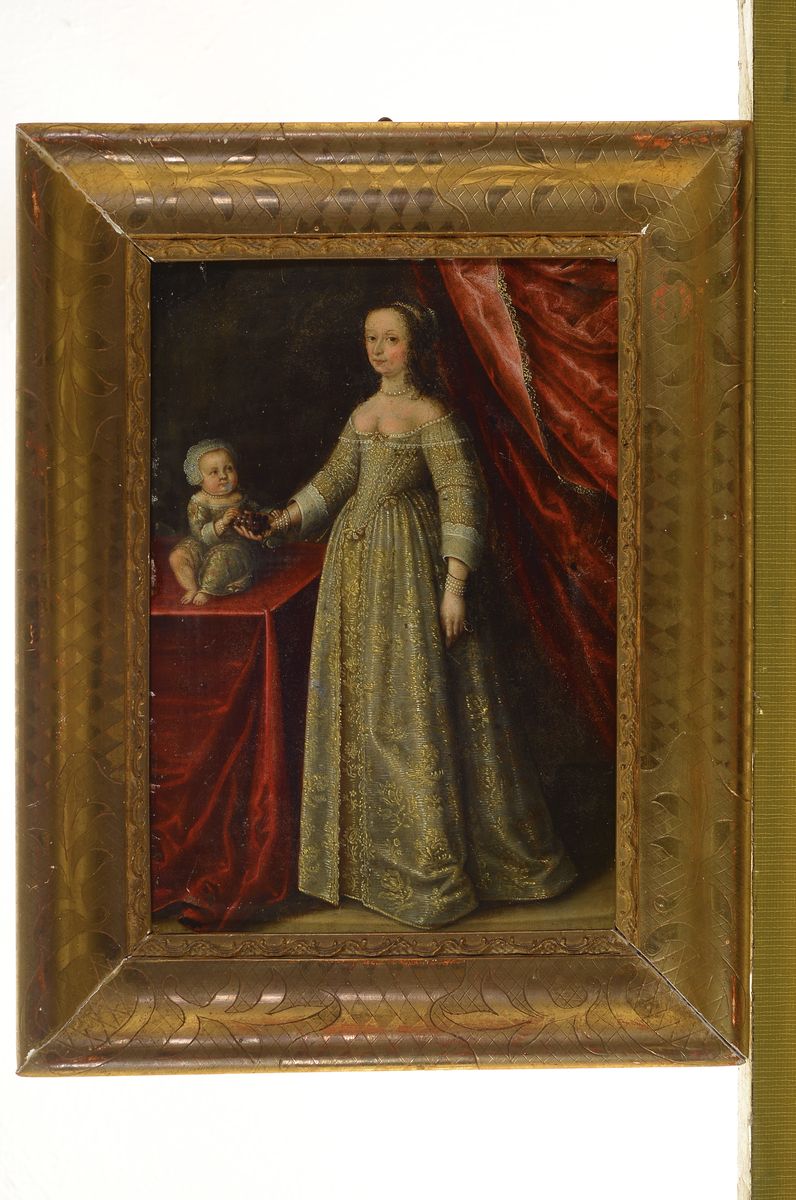 Detail k: Niederländischer Meister, um 1640, Darstellung einer hochadeligen, jungen Dame mit Stammhalter, Öl/Kupfer, sehr feine miniaturhafte Malerei, ...