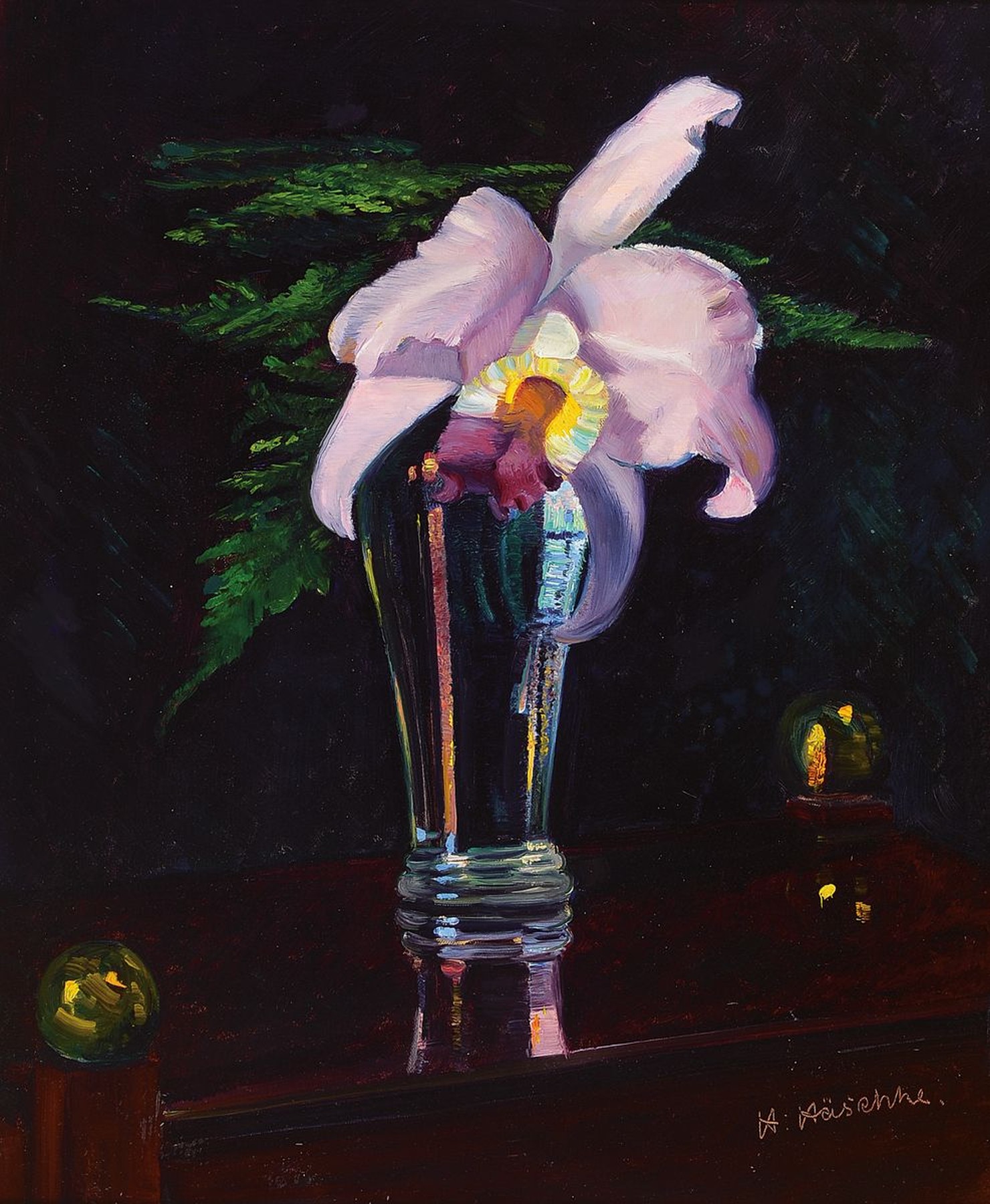 H. Häschke, Künstler, 1. Hälfte 20.Jh., Stillleben mit Orchidee, Öl/Malkarton, signiert, ca. 42 x 35 cm, Rahmen, l. Altersschäden, 56 x 49 cm