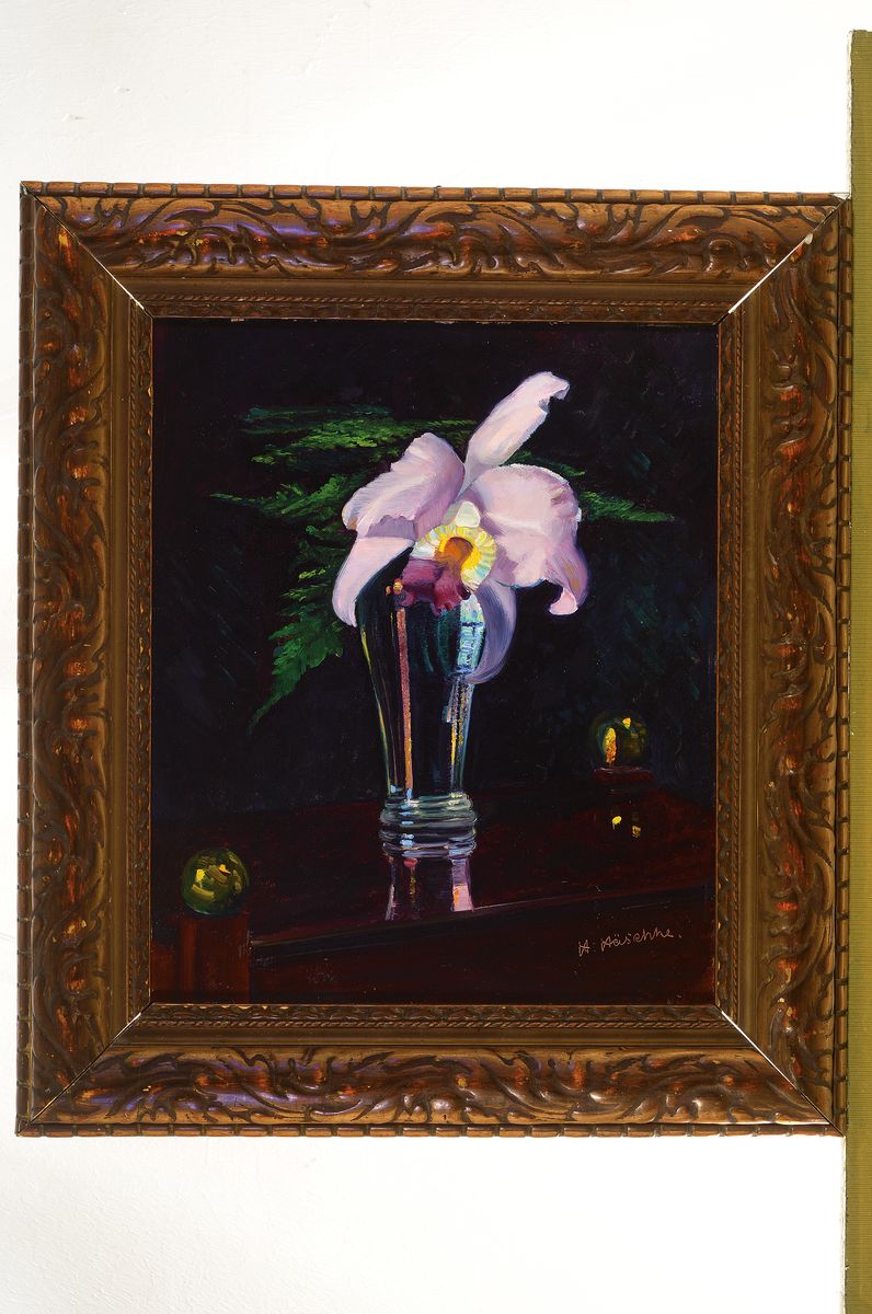 Detail k: H. Häschke, Künstler, 1. Hälfte 20.Jh., Stillleben mit Orchidee, Öl/Malkarton, signiert, ca. 42 x 35 cm, Rahmen, l. Altersschäden, 56 x 49 cm
