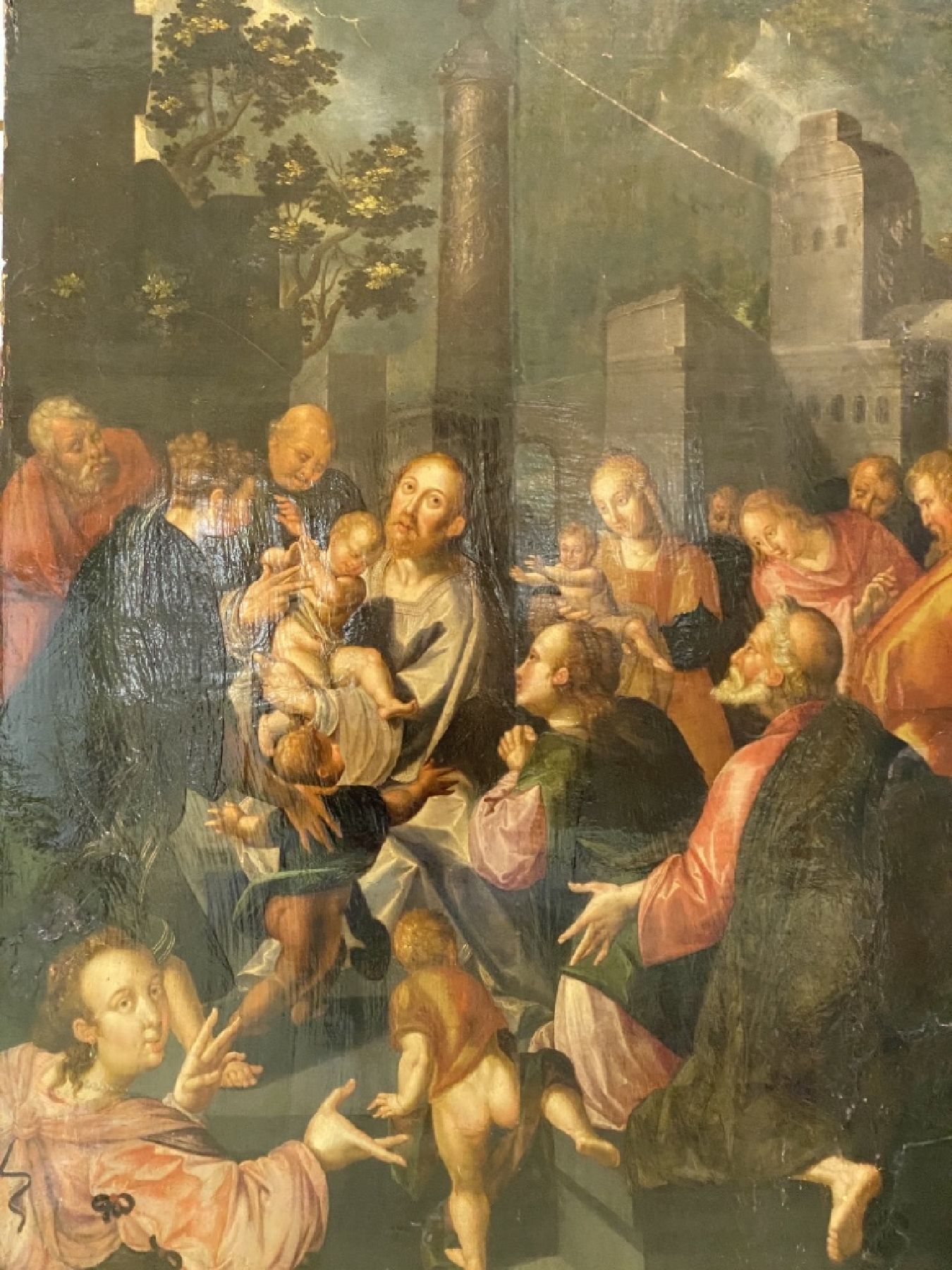 Detail c: Großes Tafelbild, holländische Malerschule, um 1540-80, "Anbetung des Kindes", figurenreiche Komposition, Darstellung der Heiligen ...