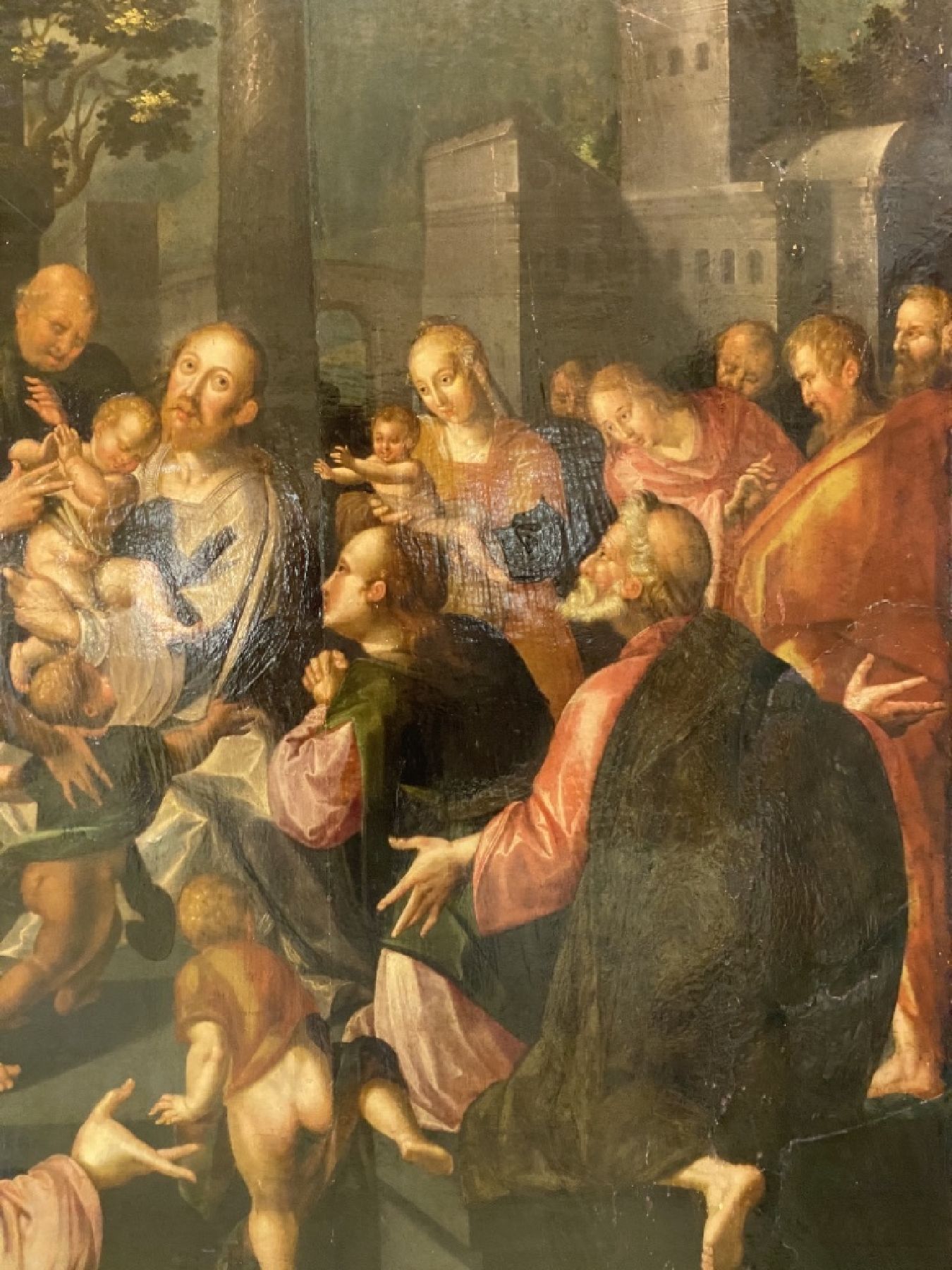 Detail d: Großes Tafelbild, holländische Malerschule, um 1540-80, "Anbetung des Kindes", figurenreiche Komposition, Darstellung der Heiligen ...