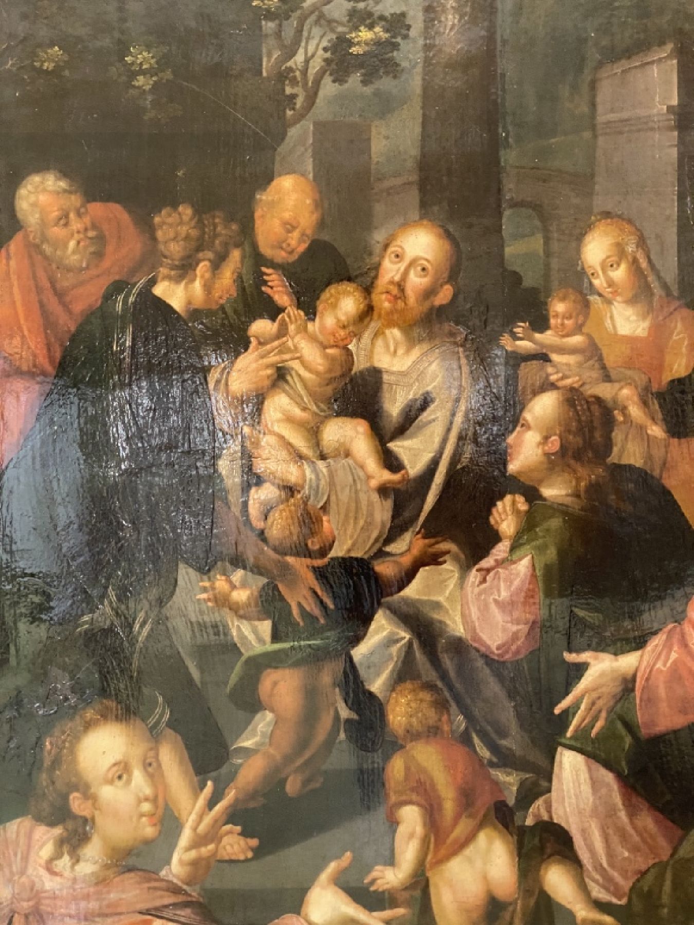 Detail e: Großes Tafelbild, holländische Malerschule, um 1540-80, "Anbetung des Kindes", figurenreiche Komposition, Darstellung der Heiligen ...