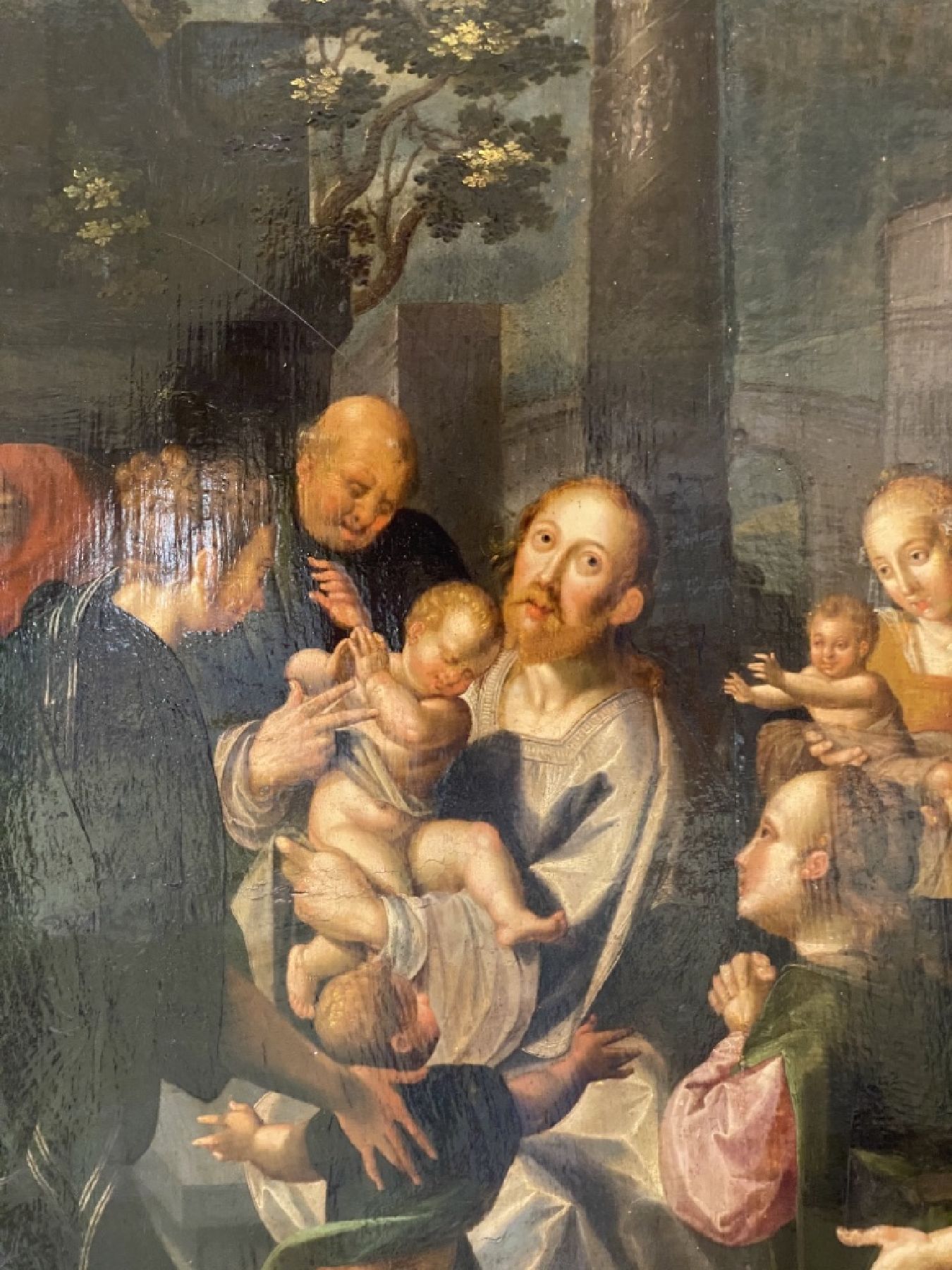 Detail f: Großes Tafelbild, holländische Malerschule, um 1540-80, "Anbetung des Kindes", figurenreiche Komposition, Darstellung der Heiligen ...