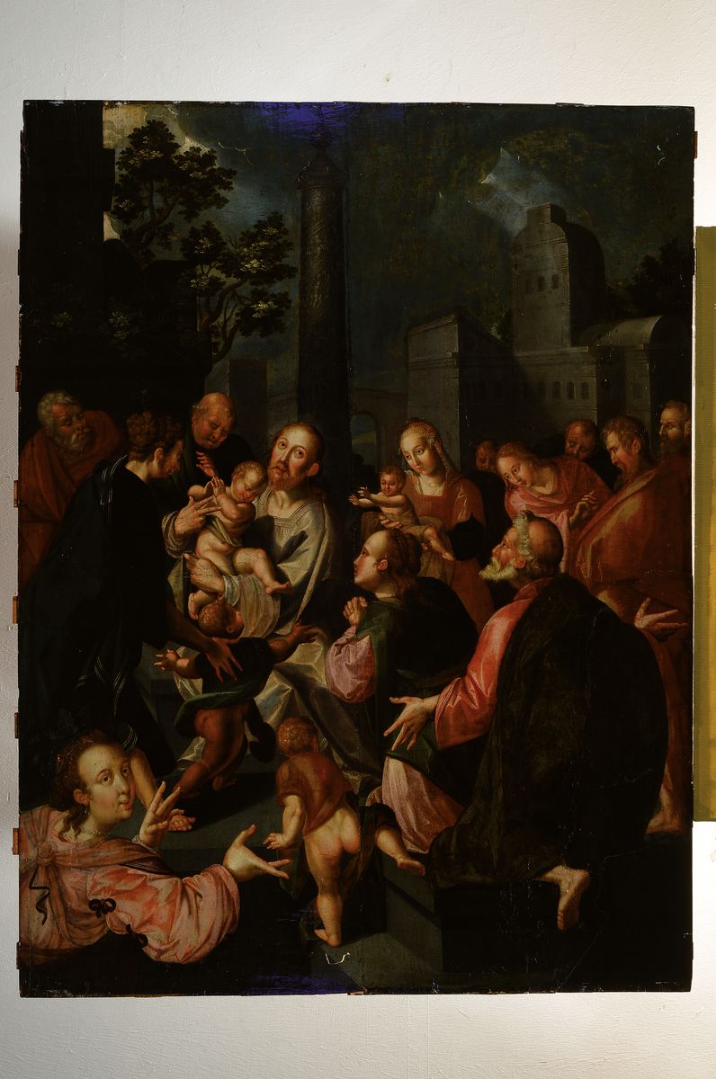Detail k: Großes Tafelbild, holländische Malerschule, um 1540-80, "Anbetung des Kindes", figurenreiche Komposition, Darstellung der Heiligen ...
